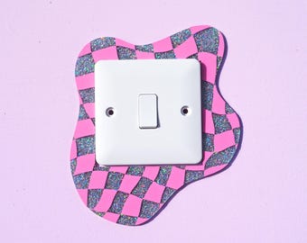 Pink Checkerboard Holographic Glitter Light Switch