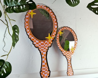 Retro Vanity 'Hand Held' Mirror - Orange & Pink