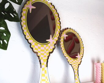 Retro Vanity 'Hand Held' Mirror - Pink & Green