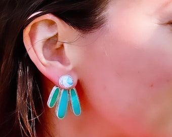 turquoise ear jacket, ear jacket turquoise, front back earrings, double sided earrings, turquoise ear climbers, natural turquoise earrings