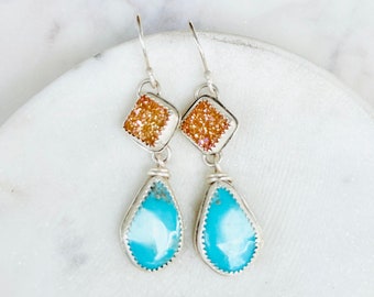 peach Druzy turquoise Earrings, druzy and turquoise earrings, druzy bridal earrings, peach crystal earrings, champagne druzy earrings