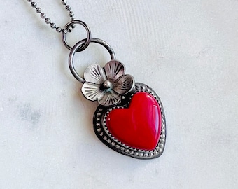Rosarita Heart Necklace, Valentines Necklace, Mothers Day Necklace, Red heart Necklace, silver flower necklace, heart stone necklace