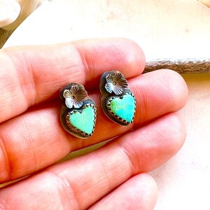 Turquoise Heart Earrings: Sterling Silver Flower, Kingman Turquoise