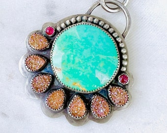 Big Turquoise Necklace, Round Turquoise Necklace, Big Turquoise pendant, Sun Necklace, Kingman Turquoise Necklace, Druzy Pendant