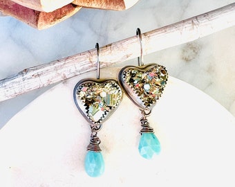 Pyrite and turquoise Earrings, pyrite Heart Earrings, fools gold Heart Earrings, gold druzy Earrings, druzy heart earrings, pyrite earrings