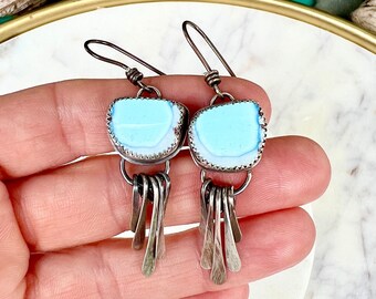 Golden Hills Turquoise Earrings, Turquoise Tassel earrings, Turquoise Fringe Earrings, silver Tassel Earrings, silver fringe earrings