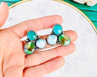 turquoise cluster earrings, turquoise fan earrings, turquoise post earrings, turquoise stud earrings, multicolored turquoise earrings