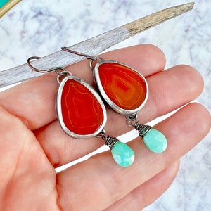 Agate and Turquoise Earrings, Agate Earrings, Orange Stone Earrings, banded carnelian earrings, triangle agate earrings, fall earrings