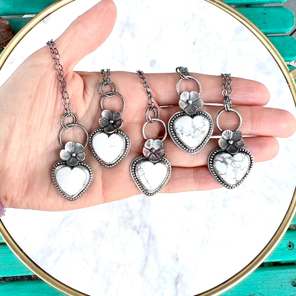 Howlite Heart Necklace, Valentines Necklace, white turquoise Necklace, white heart Necklace, copper flower necklace, heart stone necklace