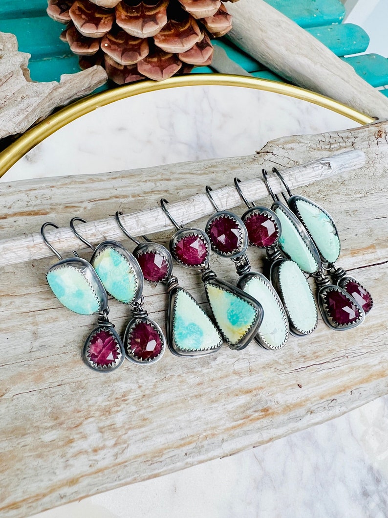 Ruby And Turquoise Earrings, Rosecut Ruby Earrings, Ruby Jewelry, Turquoise Earrings, Red Gemstone Earrings, Berry Gemstone Earrings image 1