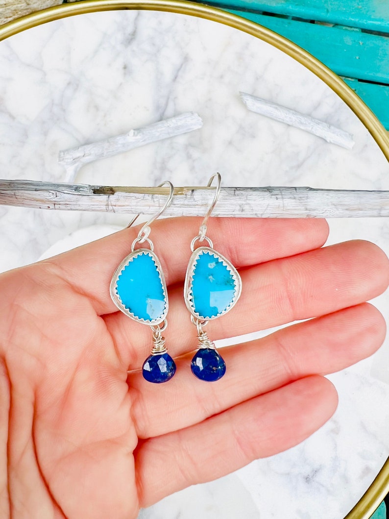 Turquoise Earrings, buy turquoise and lapis earrings, lapis earrings, lapis jewelry, delicate turquoise earrings, turquoise triangle earrings