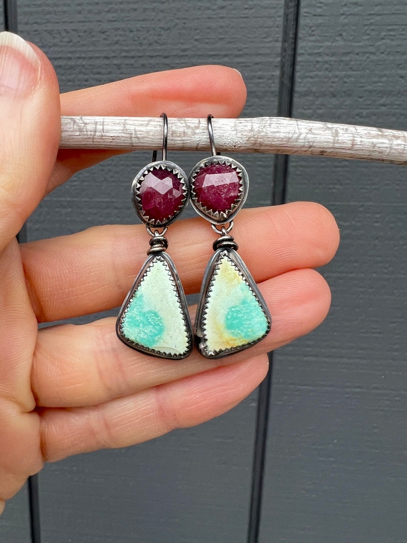 Ruby And Turquoise Earrings, Rosecut Ruby Earrings, Ruby Jewelry, Turquoise Earrings, Red Gemstone Earrings, Berry Gemstone Earrings image 6