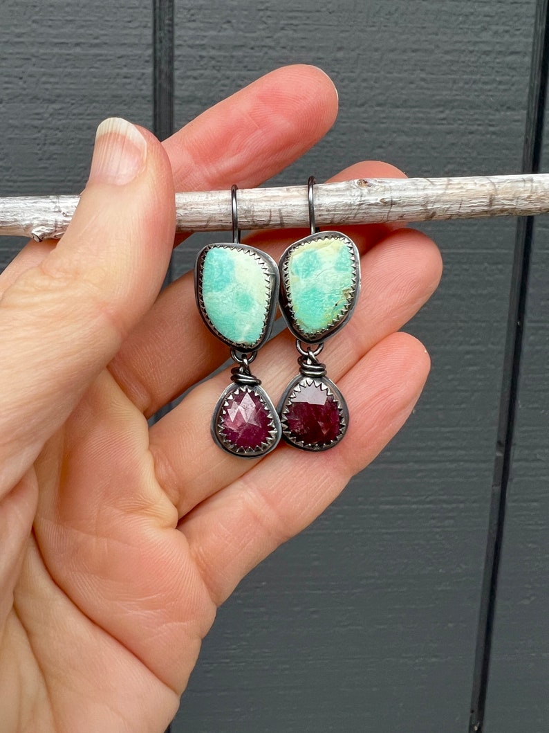 Ruby And Turquoise Earrings, Rosecut Ruby Earrings, Ruby Jewelry, Turquoise Earrings, Red Gemstone Earrings, Berry Gemstone Earrings image 5