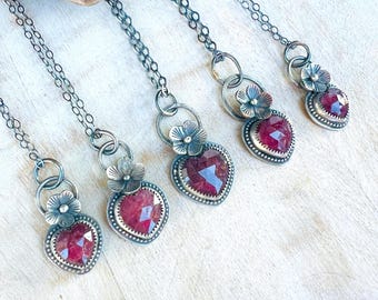 Red Sapphire Heart Pendant Necklace, Copper Flower Jewelry, Mother’s Day & Valentine Gift