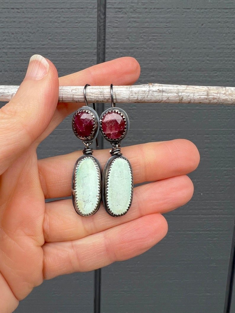 Ruby And Turquoise Earrings, Rosecut Ruby Earrings, Ruby Jewelry, Turquoise Earrings, Red Gemstone Earrings, Berry Gemstone Earrings image 7