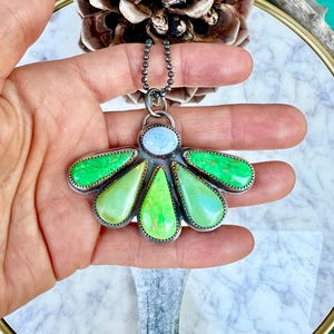 Green Turquoise Necklace, Sonoran Gold Turquoise Necklace, Turquoise Fan necklace, Turquoise Pendant, Turquoise Flower Necklace