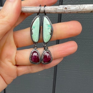 Ruby And Turquoise Earrings, Rosecut Ruby Earrings, Ruby Jewelry, Turquoise Earrings, Red Gemstone Earrings, Berry Gemstone Earrings image 8