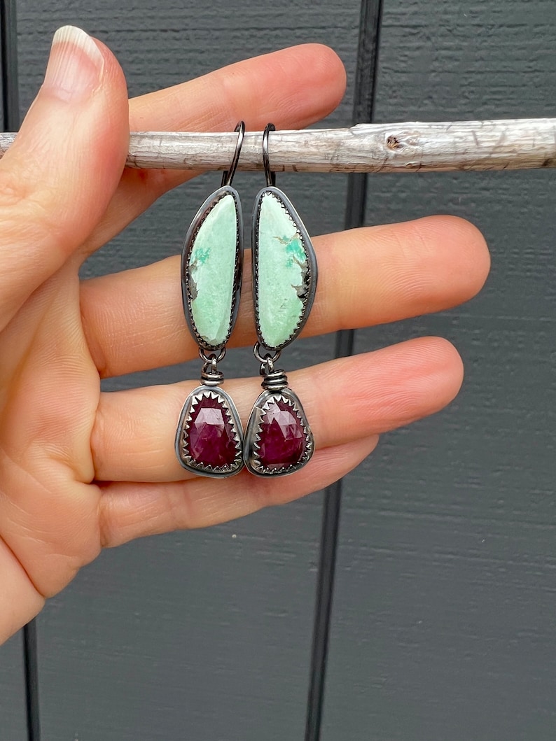 Ruby And Turquoise Earrings, Rosecut Ruby Earrings, Ruby Jewelry, Turquoise Earrings, Red Gemstone Earrings, Berry Gemstone Earrings image 8