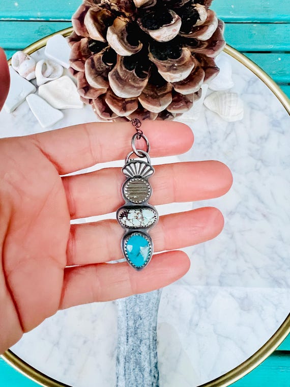 Handmade Turquoise Cairn Pendant: Sterling Silver Pyrite Necklace