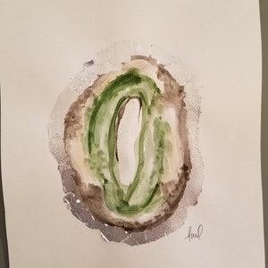 Original watercolor painting of a green agate with silver leafing