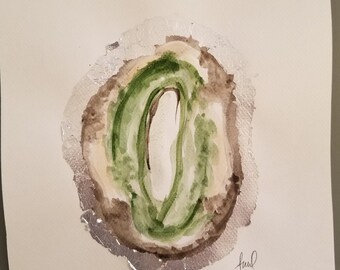 Original watercolor painting of a green agate with silver leafing