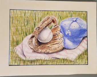 Original watercolor painting of a LA baseball still life