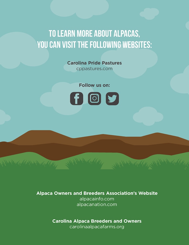 May include: A promotional graphic with a blue sky background and white cloud illustrations. Text reads "TO LEARN MORE ABOUT ALPACAS, YOU CAN VISIT THE FOLLOWING WEBSITES:" followed by website addresses and social media icons.