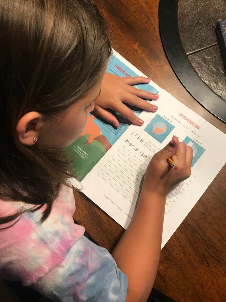 May include: A child writing on a worksheet with the text "Llama vs Alpaca" and "Opinion Writing". The child is wearing a tie-dye shirt and using a pencil to write. The worksheet includes the text "I like Alpaca because".