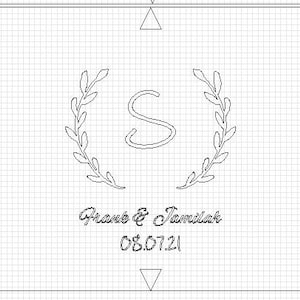 May include: A detailed line drawing features a central letter "S" encircled by laurel branches. Below, the names "Frank & Jamilah" are inscribed, followed by the date "08.07.21". The design is set against a grid background.