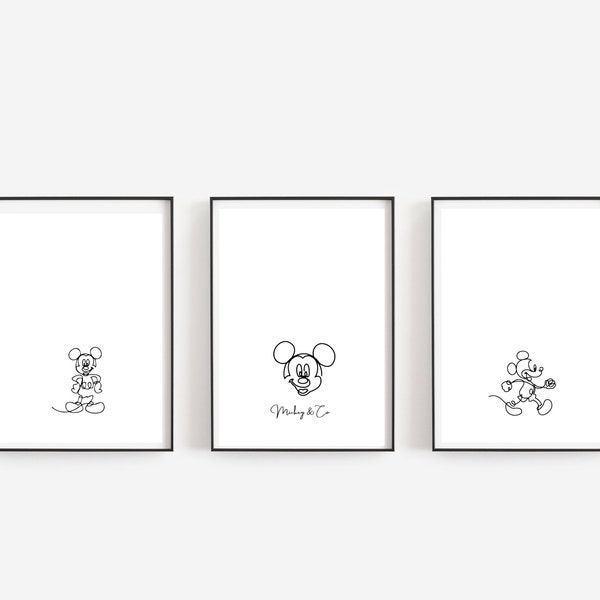 Mickey & Co Doodle Prints - Set of 3 Mickey Prints - Minimalist Mickey Prints - Mickey Doodle Digital Download Prints - White Background