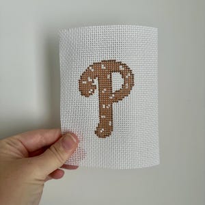 May include: A white canvas with a brown stitched letter "P" design. The letter is filled with a lighter brown and white speckles. The canvas is held by a hand against a white background.