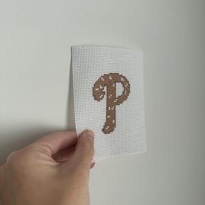 May include: A canvas with a brown letter "P" in a cross-stitch design. The letter is filled with a pattern of small white dots. The canvas is held against a white wall.