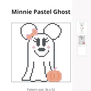 May include: A cross-stitch pattern titled "Minnie Pastel Ghost" featuring a pixelated Minnie Mouse dressed as a ghost with a pumpkin. The pattern size is 36 x 52, with a finished size of 2.0 x 2.8 inches.