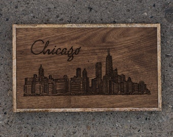 chicago skyline on reclaimed wood