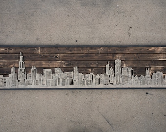 handcrafted chicago skyline on reclaimed wood