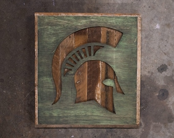 handcrafted mini msu spartan head from detroit salvaged wood