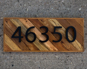 house address number plaque on salvaged wood
