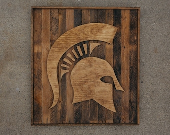 handcrafted michigan state spartan head on reclaimed wood