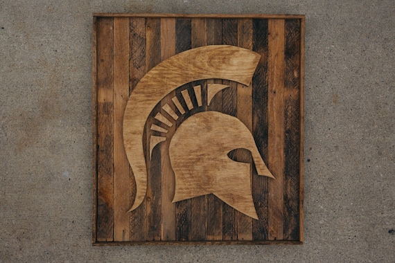 Michigan State Spartan Head On Reclaimed Wood Etsy