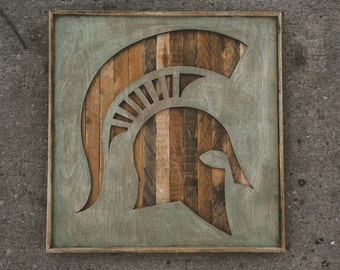 msu spartan head on detroit salvaged wood