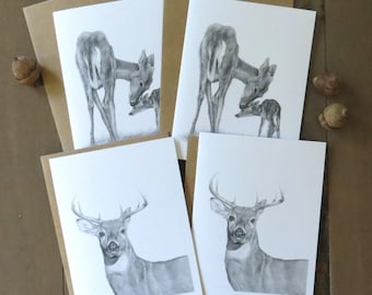 Set di biglietti di auguri con cervi, biglietti in bianco e nero, biglietti per bambini, arte dei cervi, biglietti d'arte della fauna selvatica, biglietti di cerbiatti, cervi dalla coda bianca, biglietti per bambini