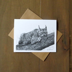 Lynx-notitiekaart, natuurkunst, wilde katten, potloodkunstkaart, stationaire dieren in het wild, lynxkunst, kaarttekening, kaart voor kinderen, bosdieren