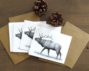 Elk Note Card Set, wildlife art card, bugling elk, elk card, wildlife art, nature card, greeting card, blank card, animal stationery,elk art