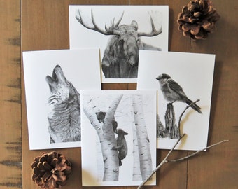 North Woods Animals Note Card Set, woodland wildlife, stationary for kids, writer gift, student cards, wildlife art cards, nature lover card