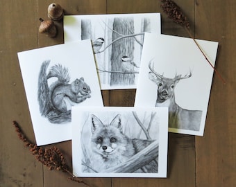 Woodland Animal Note Card Set, wildlife art cards, cards for kids, nature stationary cards,forest animals,writer gift,wildlife greeting card