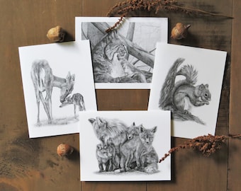 Woodland Animals Note Card Set, wildlife art cards, kids stationary cards, squirrel gift, woodland animal card, animal art wildlife art gift