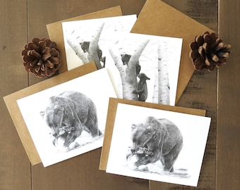 Bear Note Card Set, wildlife art card, bear art, card for nature lover, wildlife stationary, pencil art, blank invitation card, bear gift