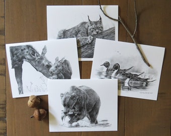 Wildlife Note Card Set, stationary for kids, animal lover gift, pencil art cards, nature writer gift, cards for outdoorsman, wildlife art