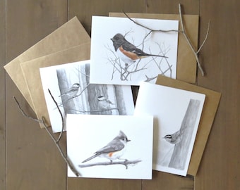 Song Bird Note Card Set, set of 4 cards, wildlife stationary art card, nature cards, black and white cards, gift for naturalist, bird art,