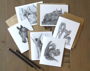 Kid's Note Card Set, wildlife art cards, cards for kids, nature stationary for children, gift for students, forest animal card, fox art card